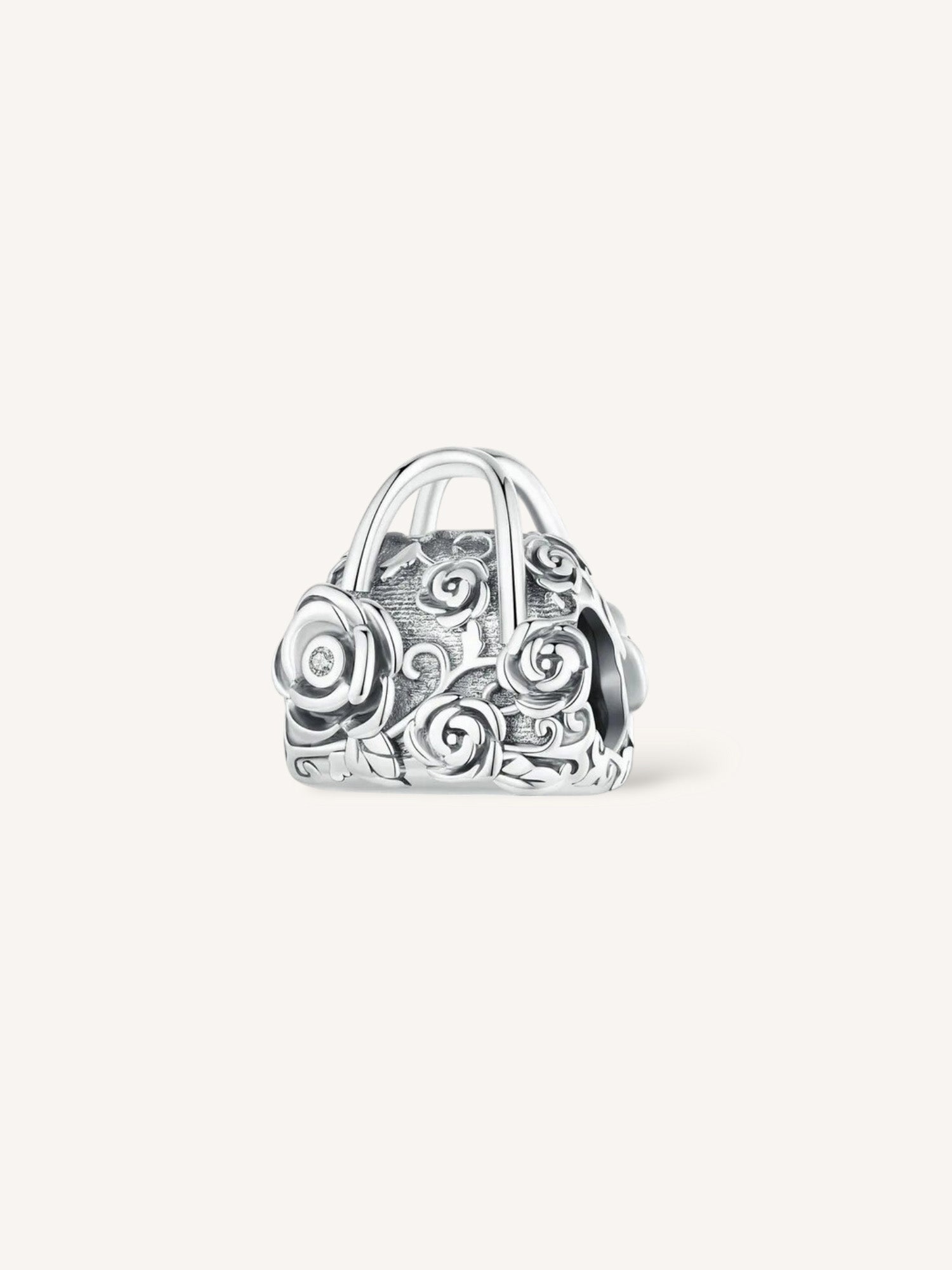 Charm bolso con flores de rosas y circonita en plata de ley, compatible Pandora.