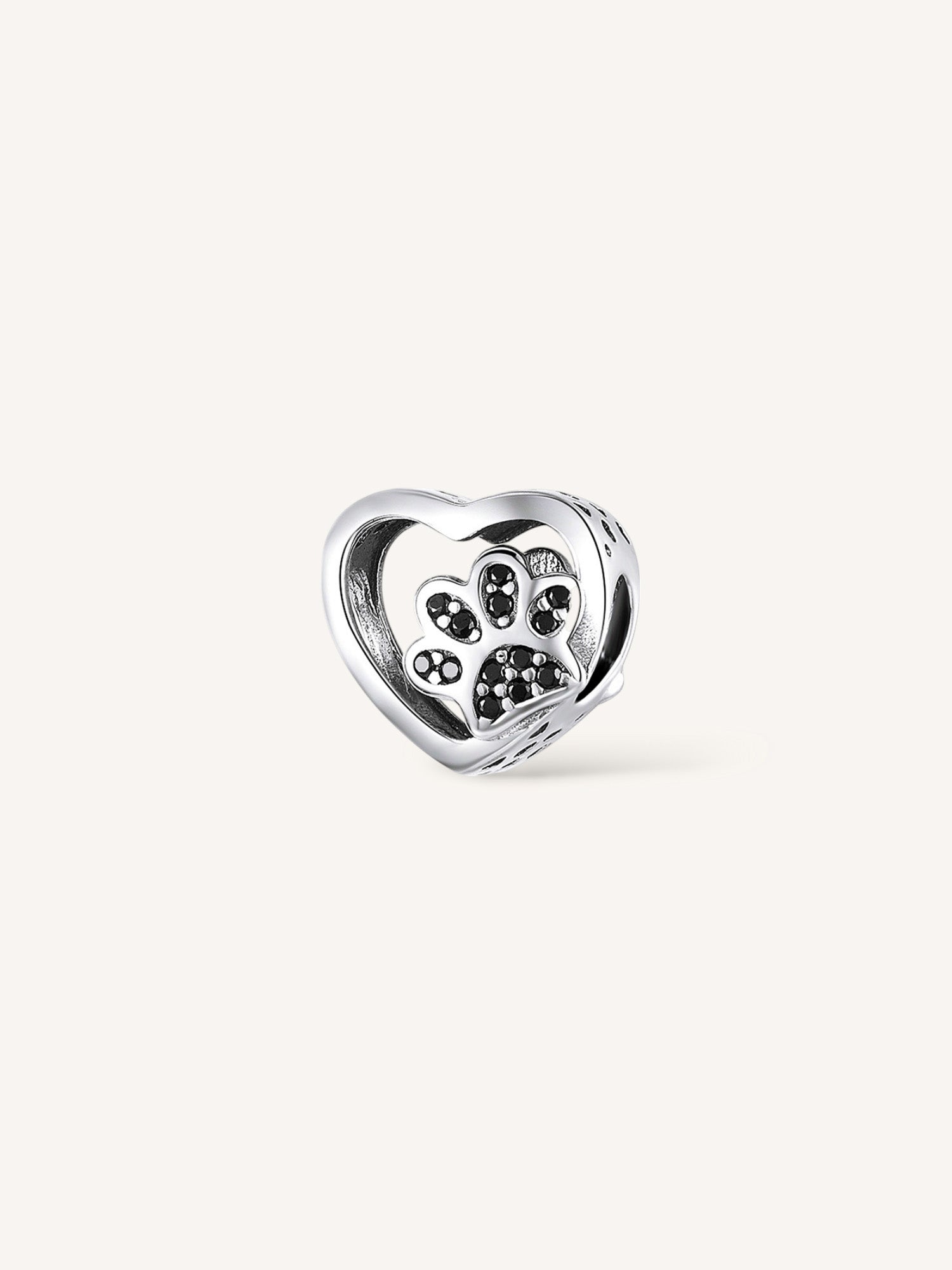 Charm de plata de ley en forma de corazón con huella mascota en circonitas negras compatible Pandora.