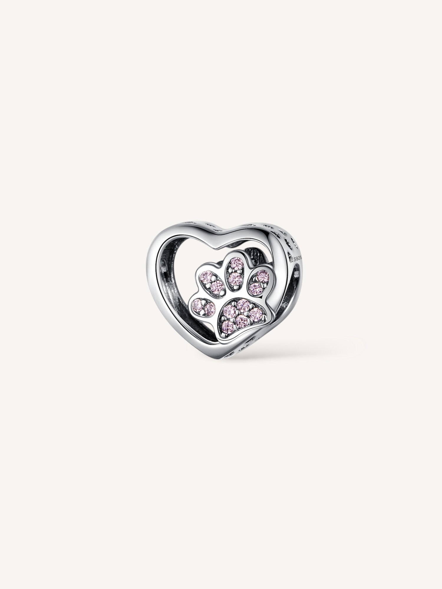 Charm de plata de ley en forma de corazón con huella mascota en circonitas rosa compatible Pandora.